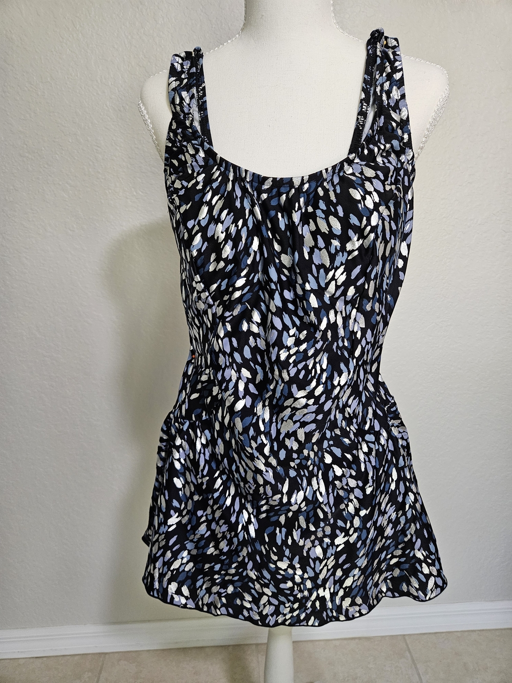 Maxine of Hollywood Black Swim One Piece with Blue and White Leaf Print